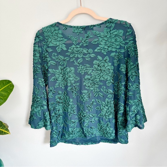 Emerald Teal 90’s Y2K Velvety Burnout Blouse, Flowy Sleeves, Whimsigoth - Picture 6 of 7